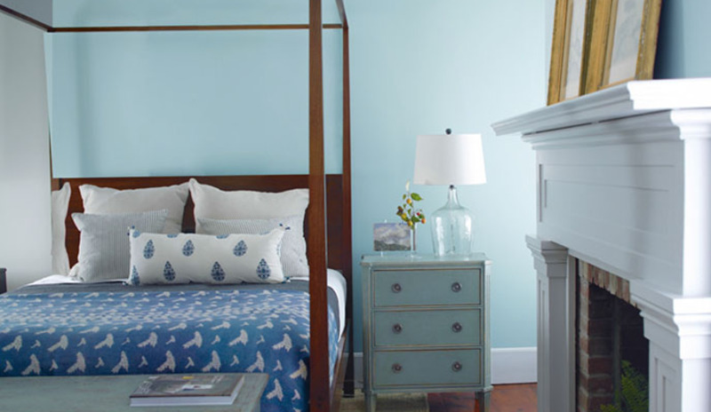 bedroom painted in light blue